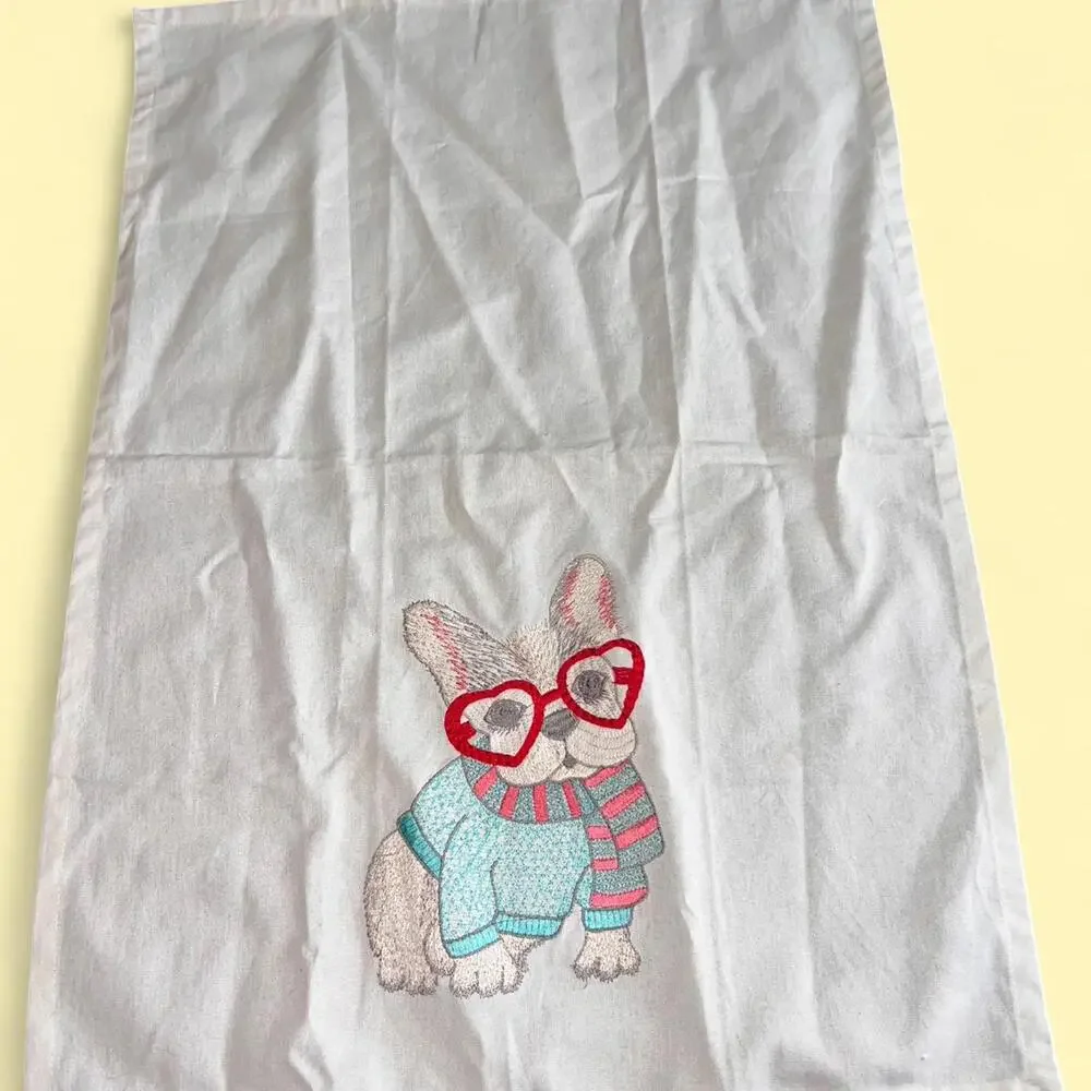 Cynthia Rowley French Bulldog Dog‎ Kitchen Towel Red Glasses Pom Pom Trim NWOT